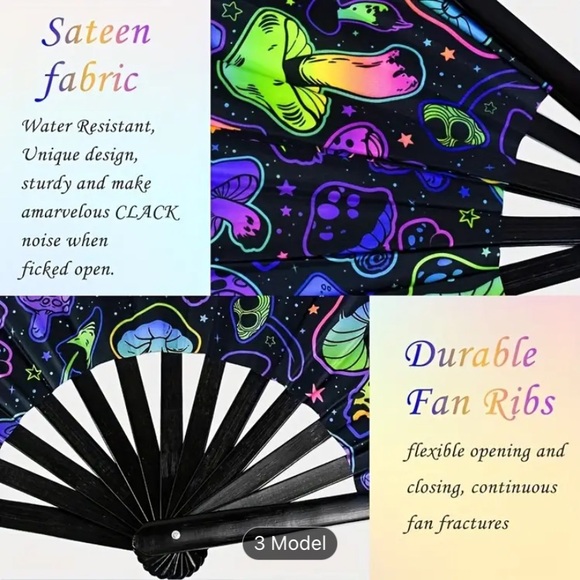 Mushroom Print UV Reflective Dance Rave Fan Accessory Bamboo Sateen Black Neon - Picture 6 of 7